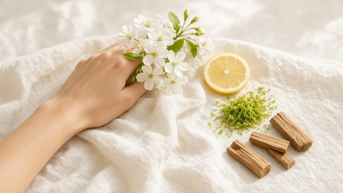 Handgelenk mit weißen Blüten, Zitrone und Sandelholz – Parfum richtig auftragen