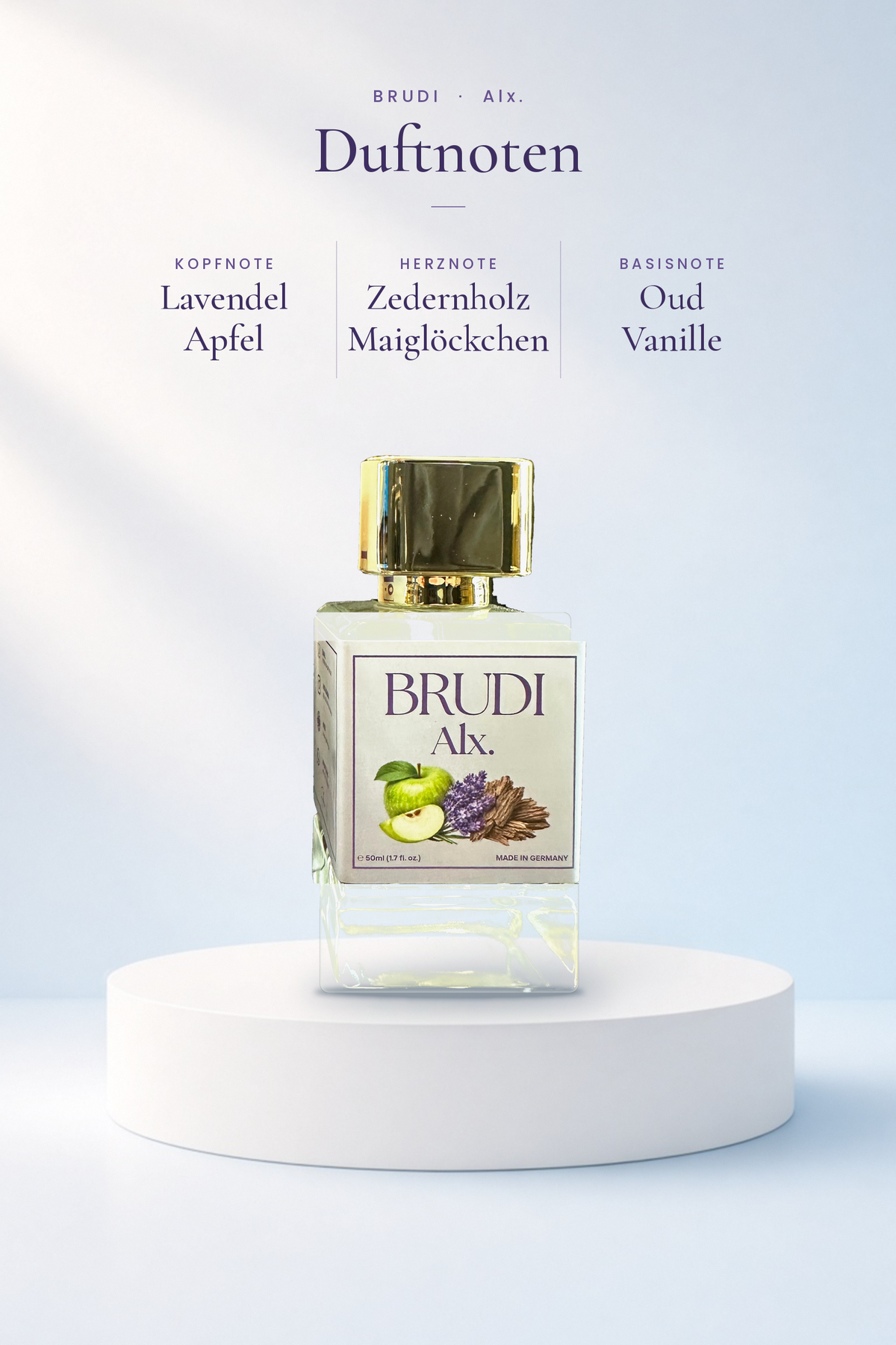 Alx Extrait de Parfum 50 ml von Brudi Duftmanufaktur – Duftnoten: Kopf Lavendel und Apfel, Herz Zedernholz und Maiglöckchen, Basis Oud und Vanille