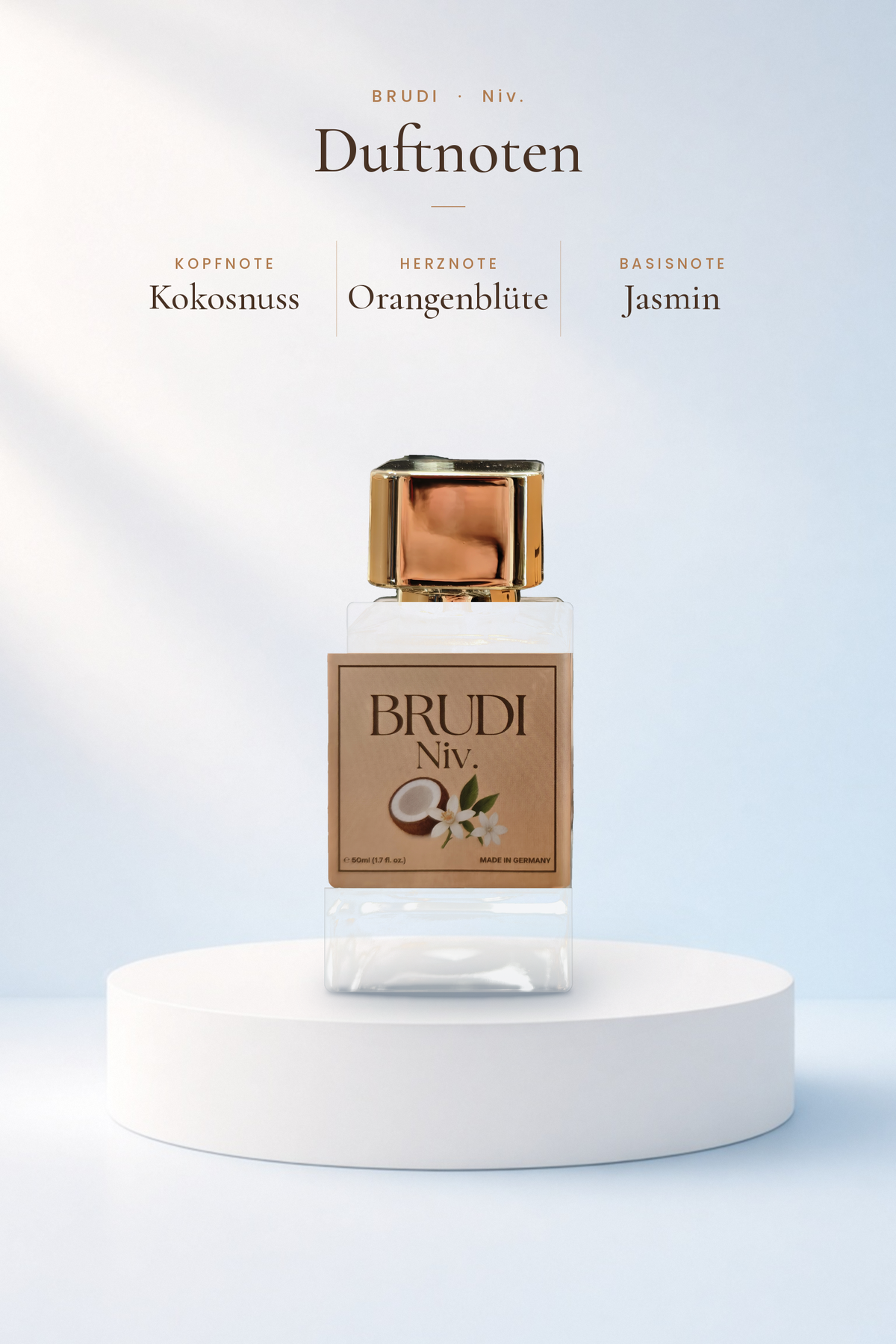 Niv. Extrait de Parfum 50 ml von Brudi Duftmanufaktur – Duftnoten: Kopf Kokosnuss, Herz Orangenblüte, Basis Jasmin