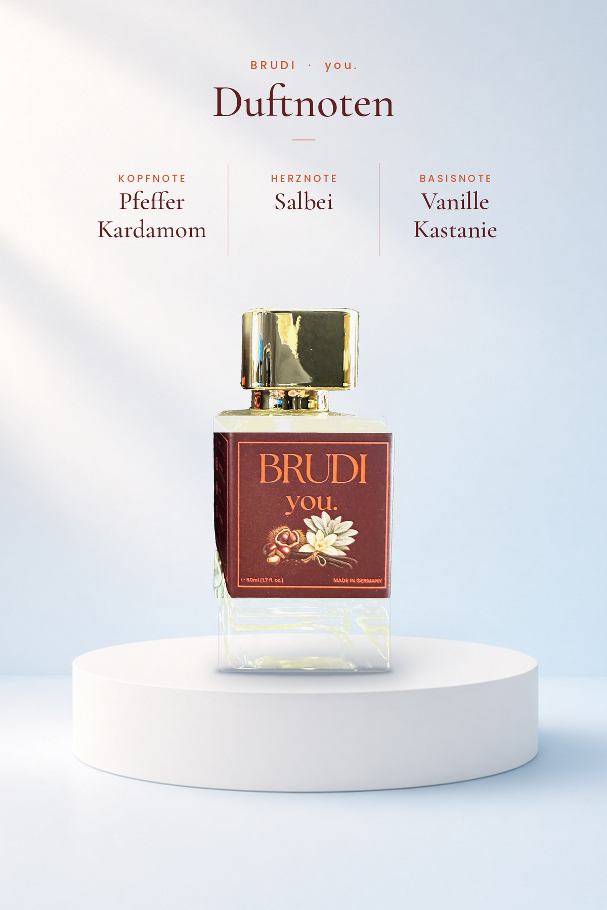 You Extrait de Parfum 50 ml von Brudi Duftmanufaktur – Duftnoten: Kopf Pfeffer und Kardamom, Herz Salbei, Basis Vanille und Kastanie
