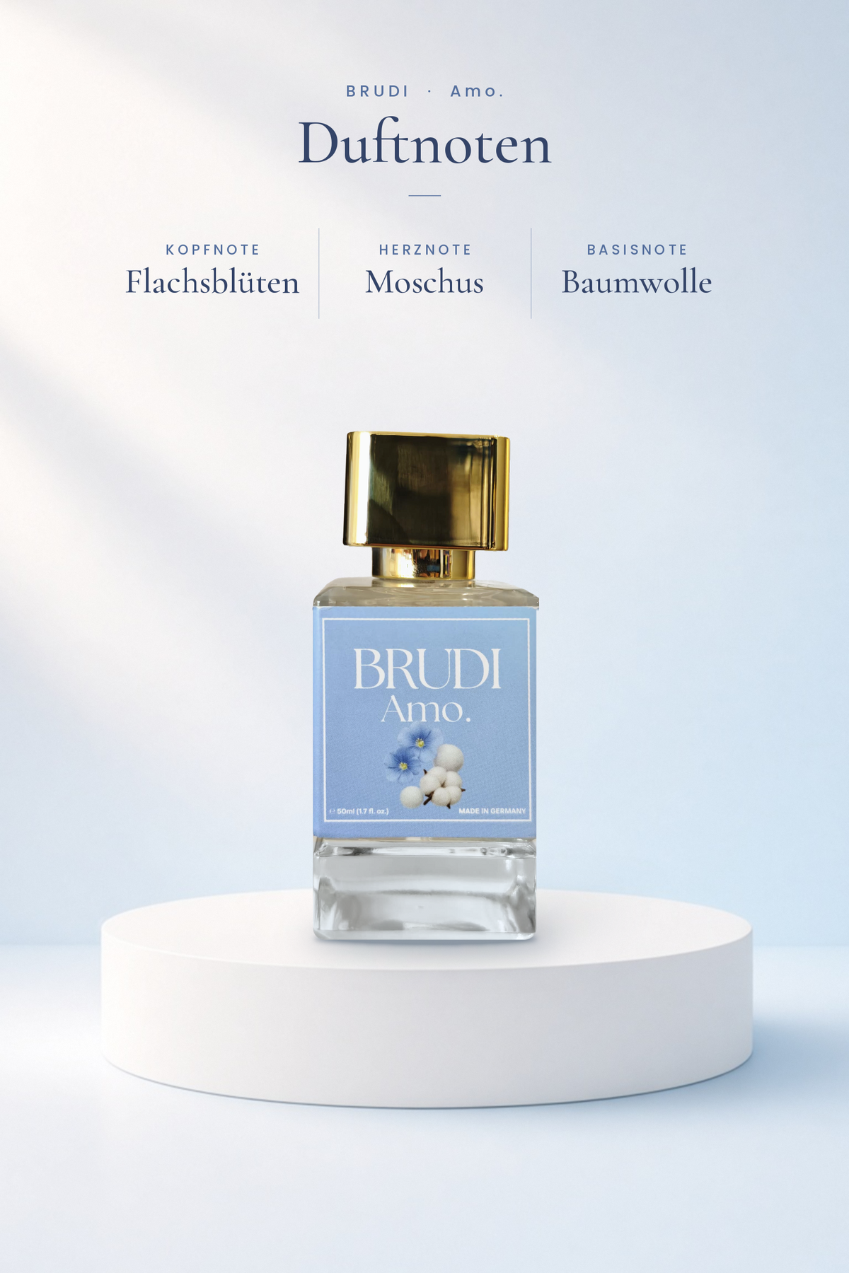 Amo. Duftnoten: Kopf Flachsblüten, Herz Moschus, Basis Baumwolle