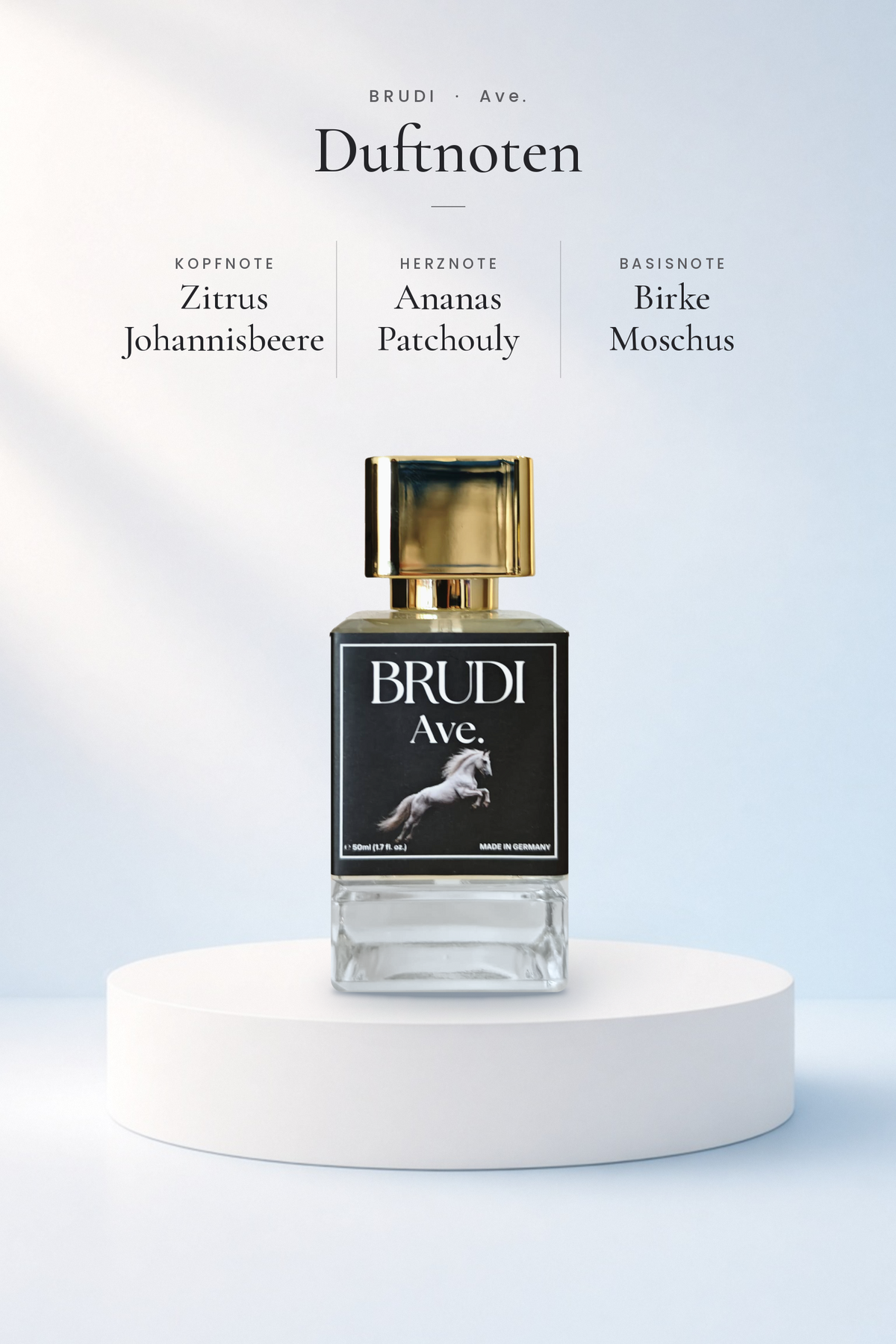 Ave. Duftnoten: Kopf Zitrus und Johannisbeere, Herz Ananas und Patchouli, Basis Birke und Moschus